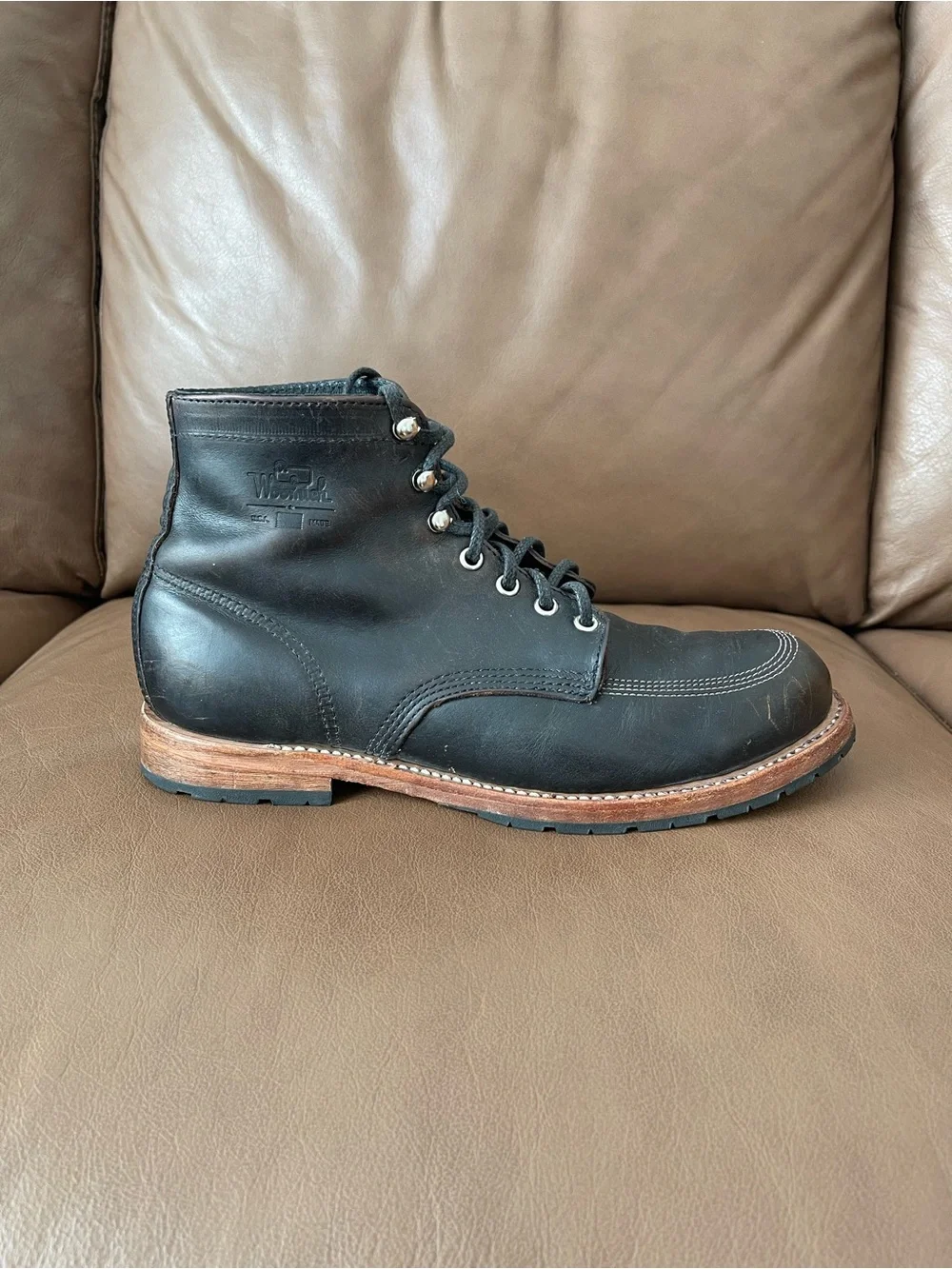 Men's Black Leather Moc Toe Lace-Up Work Boots